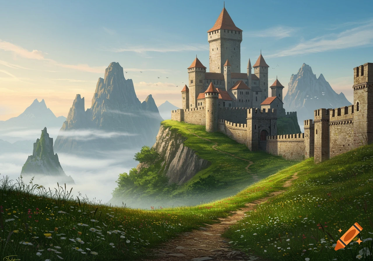 A majestic fantasy castle on a grassy hill with a winding path in the foreground, mountains and mist in the background. Digital painting.