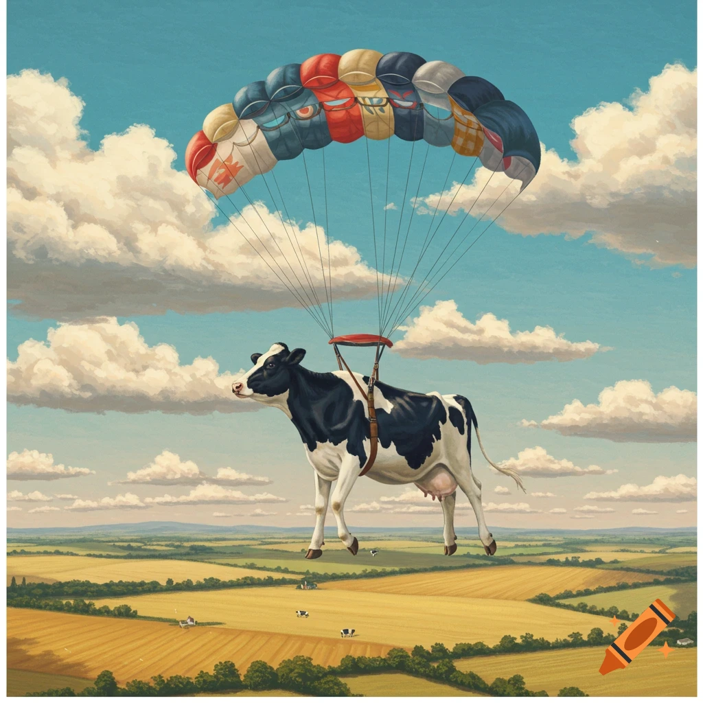 A whimsical illustration shows a black and white cow gracefully skydiving with a colorful parachute over green and golden fields.
