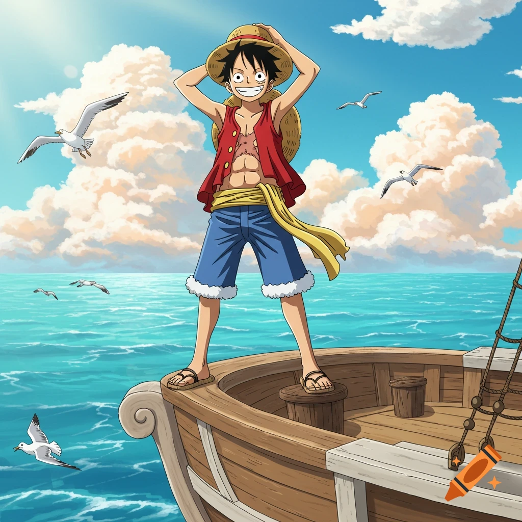 Monkey D. Luffy, a smiling anime character, stands on a boat deck with seagulls, blue ocean, and cloudy sky.