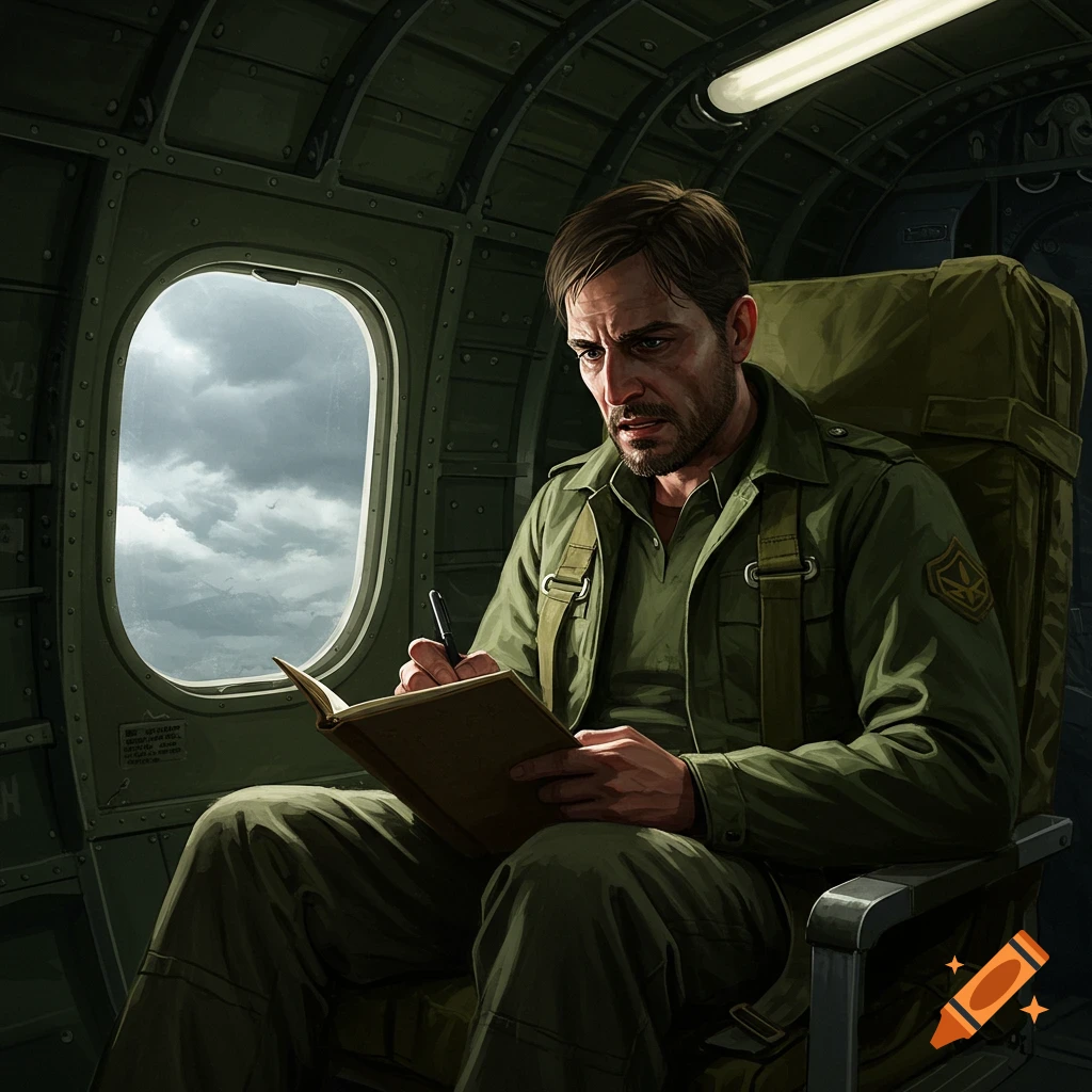 A distressed man in a military uniform writes in a notebook aboard a dimly lit airplane, looking out a window at stormy clouds.