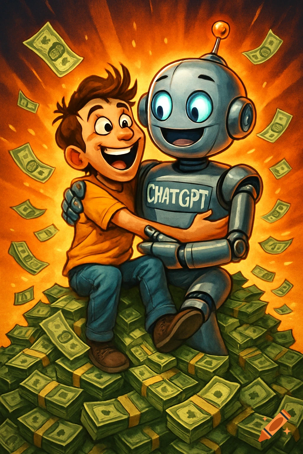 A joyful boy and a ChatGPT robot hug on a pile of cash, with money falling, in a vibrant cartoon illustration.