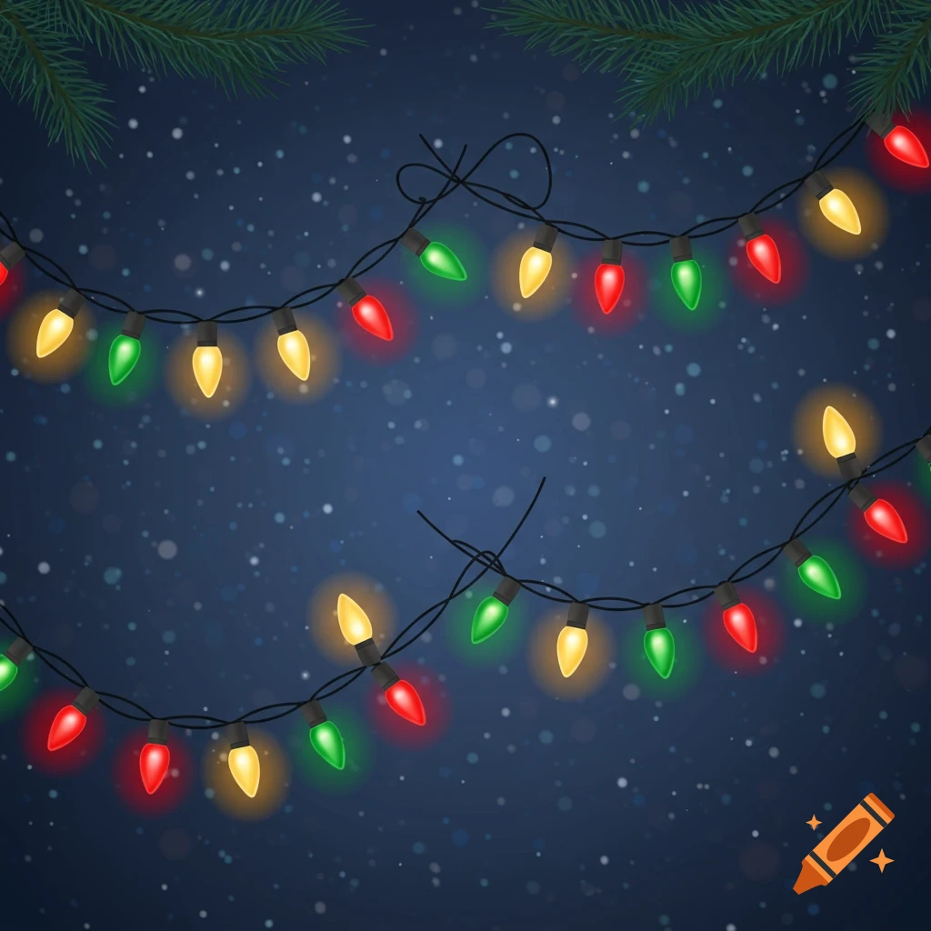 Two strings of glowing red, green, and yellow Christmas lights against a dark blue snowy background with pine needles.