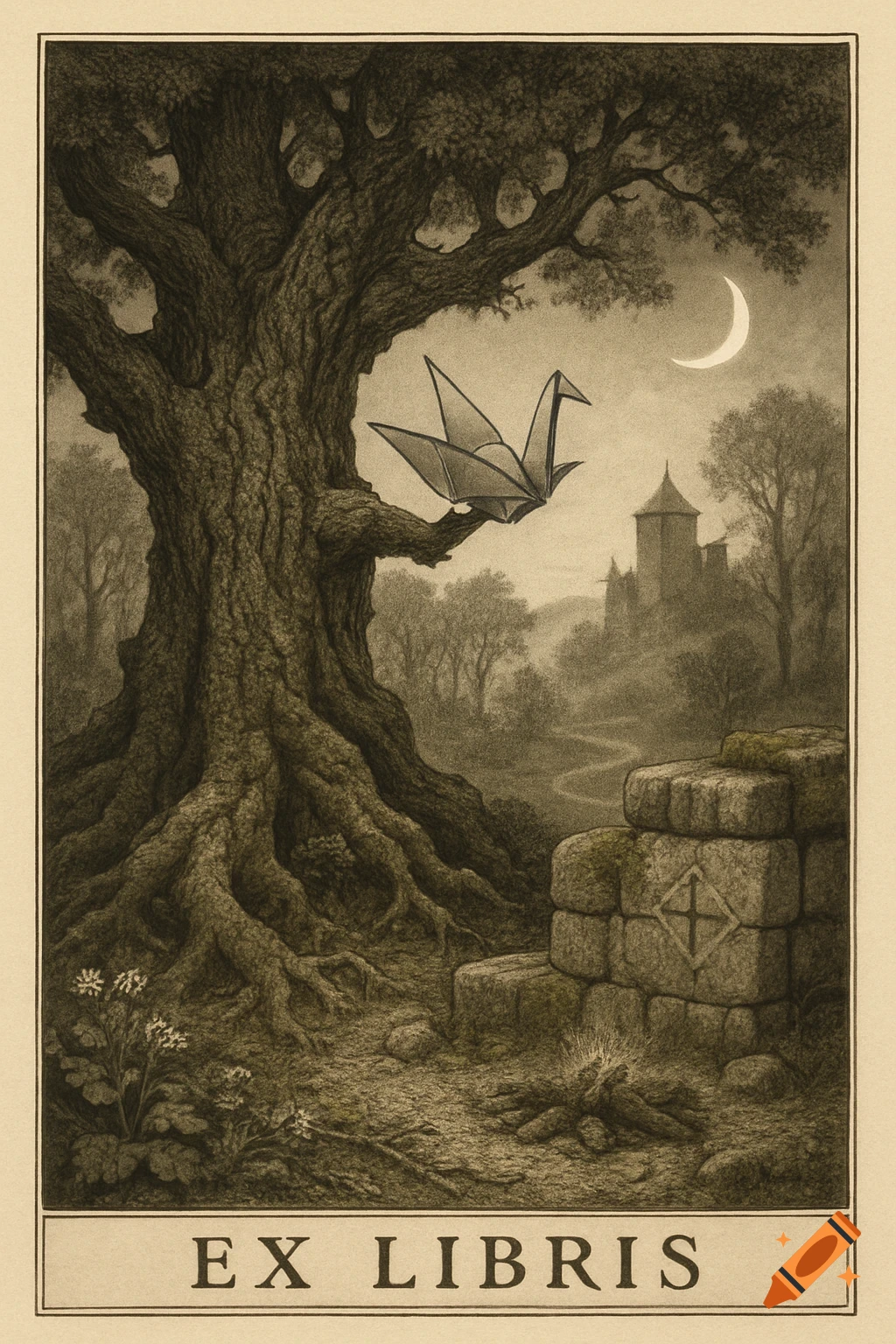 A detailed, serene, sepia-toned illustration of an ancient oak tree with an origami crane on a branch, a medieval castle in a misty forest under a crescent moon, and a stone wall in the foreground. Text 'EX LIBRIS' below.