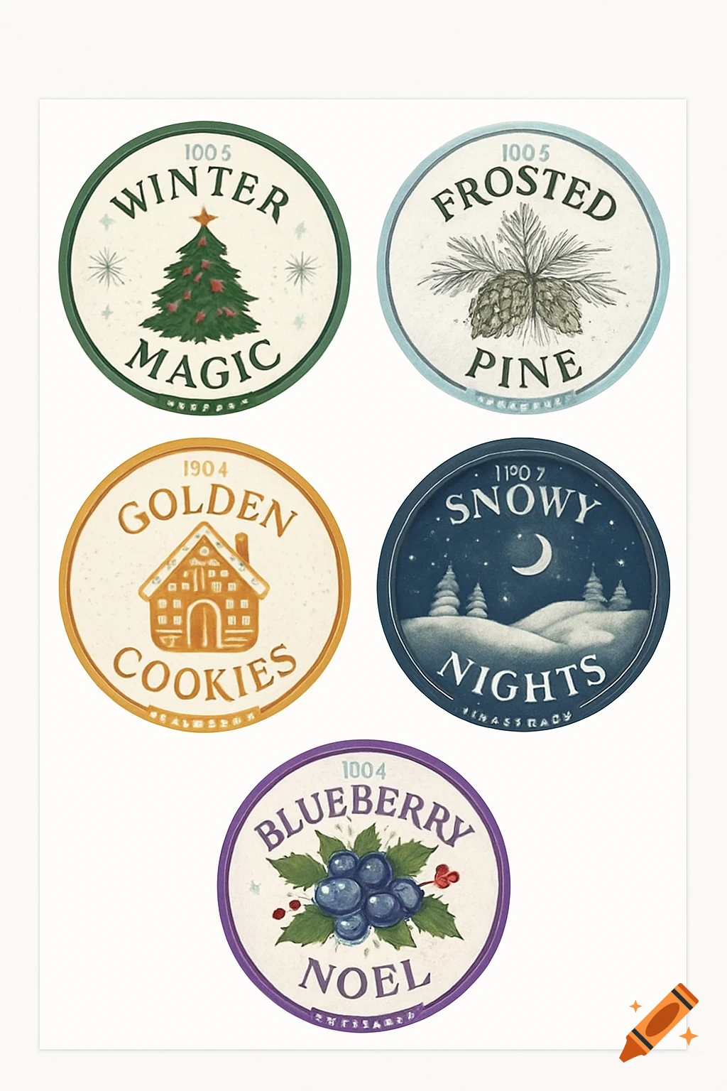 Five round, elegant Christmas candle labels featuring a Christmas tree, pinecones, a gingerbread house, a snowy night scene, and blueberries. Each label has a colored frame and aroma name.