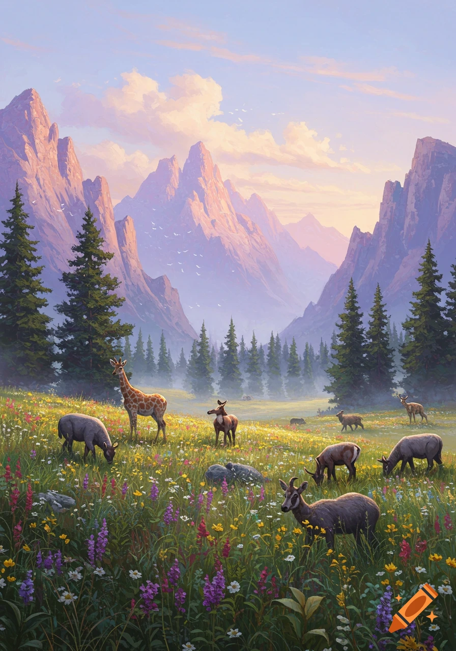 Painting of a serene mountain pass with a meadow of colorful wildflowers, pine trees, and various deer and a giraffe grazing.