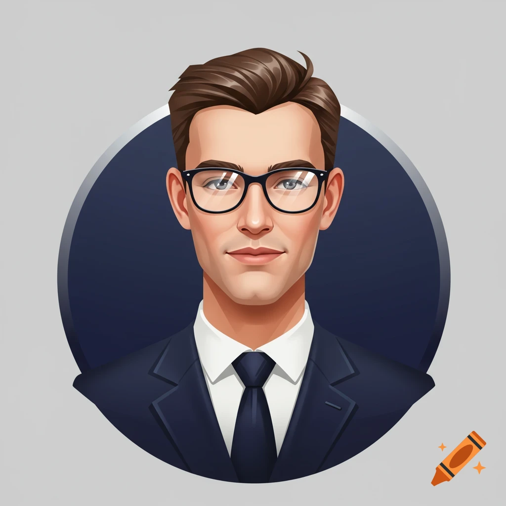 A 2D vector icon of a man with short brown hair, wearing glasses, a white shirt, and a dark suit with a tie.
