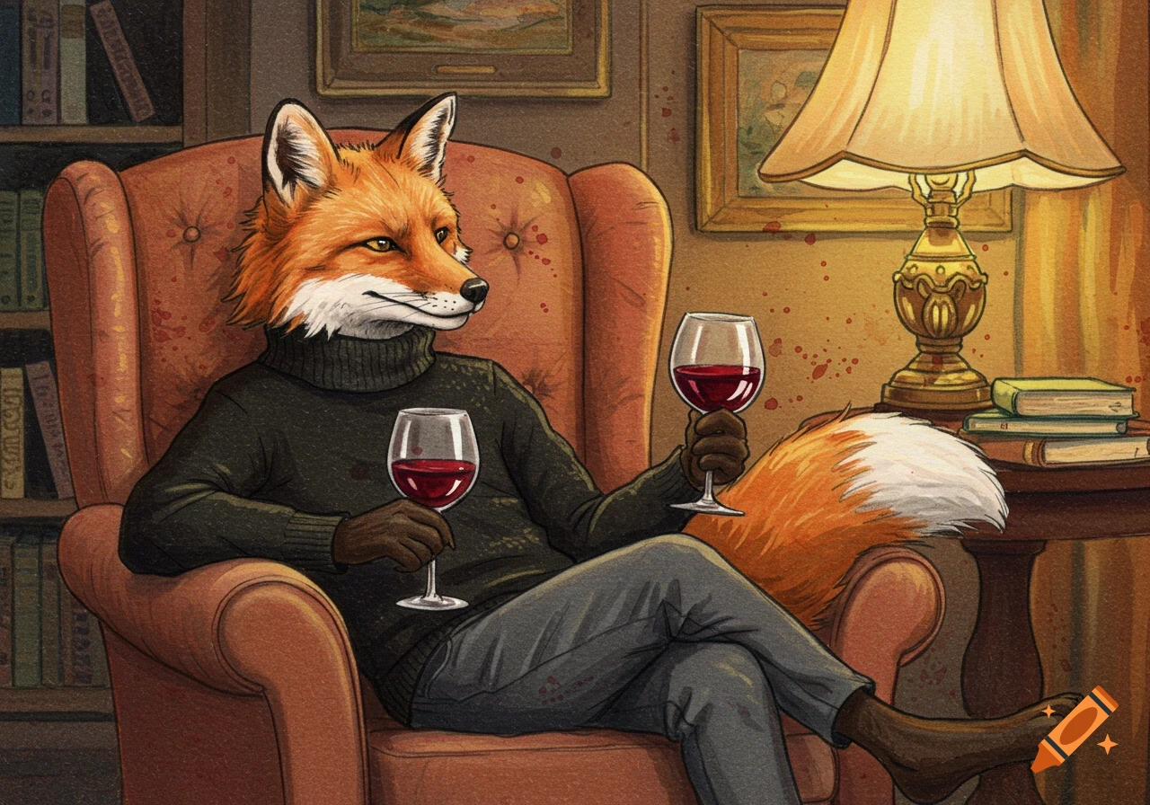 A dapper anthropomorphic fox in a black turtleneck sits in an armchair, holding two glasses of red wine, in a cozy watercolor library scene.