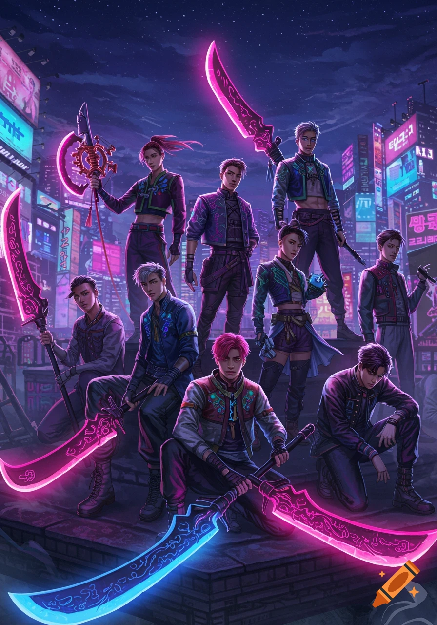 A group of K-Pop inspired demon hunters with glowing weapons stand on a futuristic city rooftop at night, surrounded by neon signs.