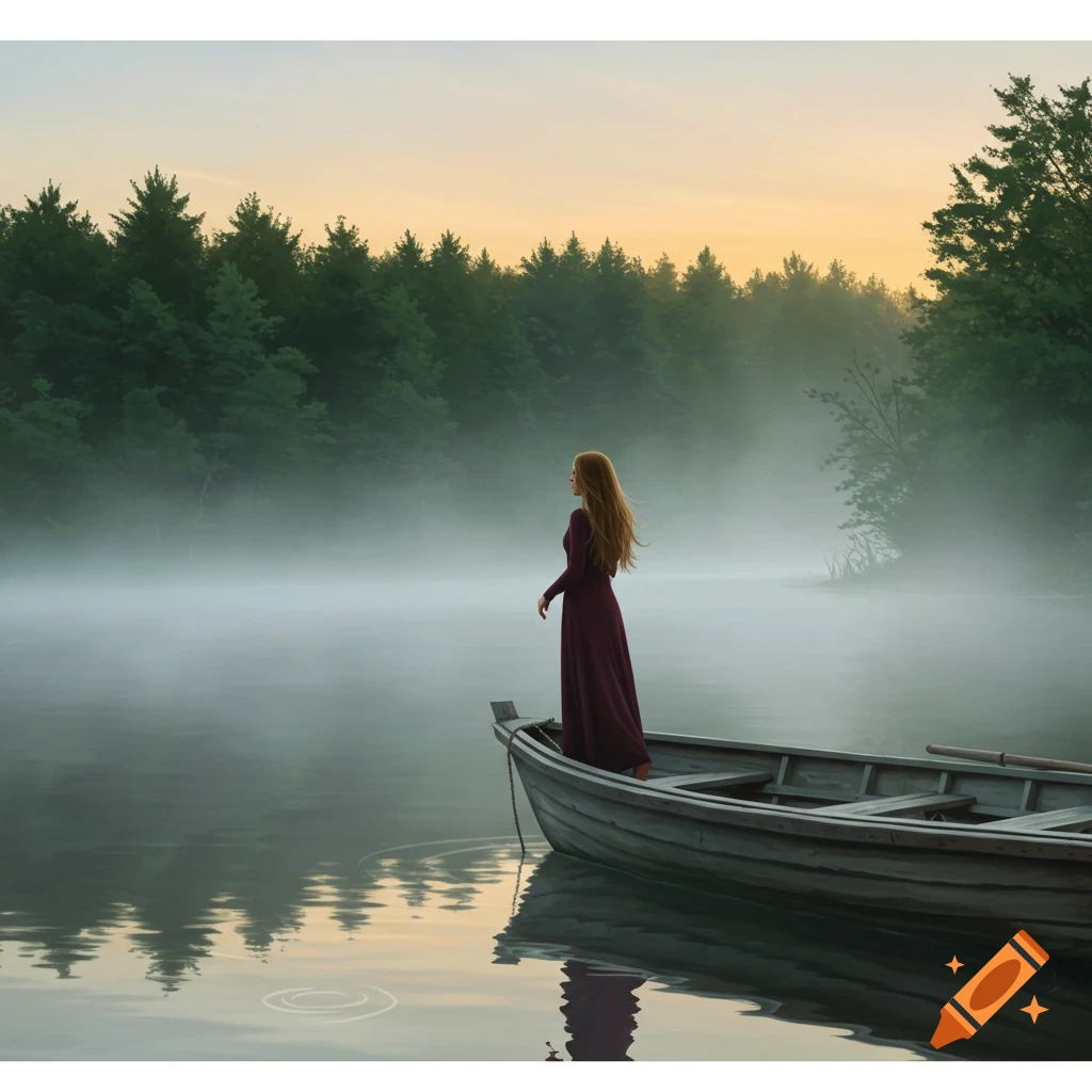A woman in a long dress stands on a fishing boat in a misty lake surrounded by trees at sunrise.