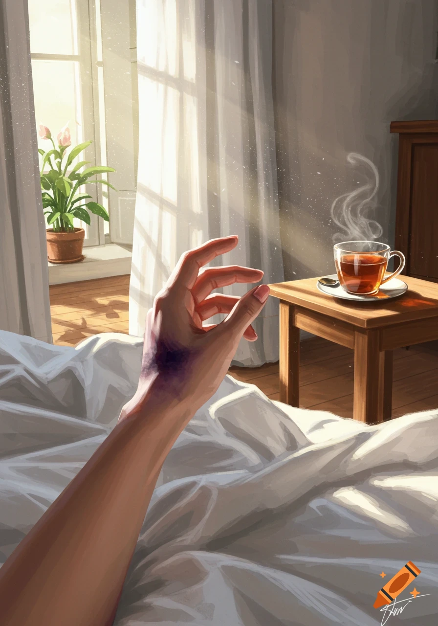 A person's bruised hand rests on white bedsheets in a sunlit room, with a steaming cup of tea on a bedside table.