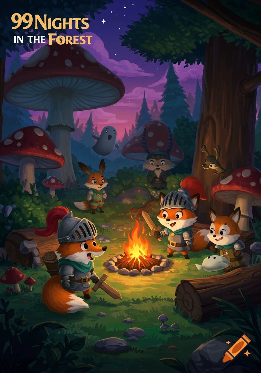 Cartoon fox knights and forest creatures gather around a campfire in a magical mushroom forest at night, with the title '99 Nights IN THE FOREST'.