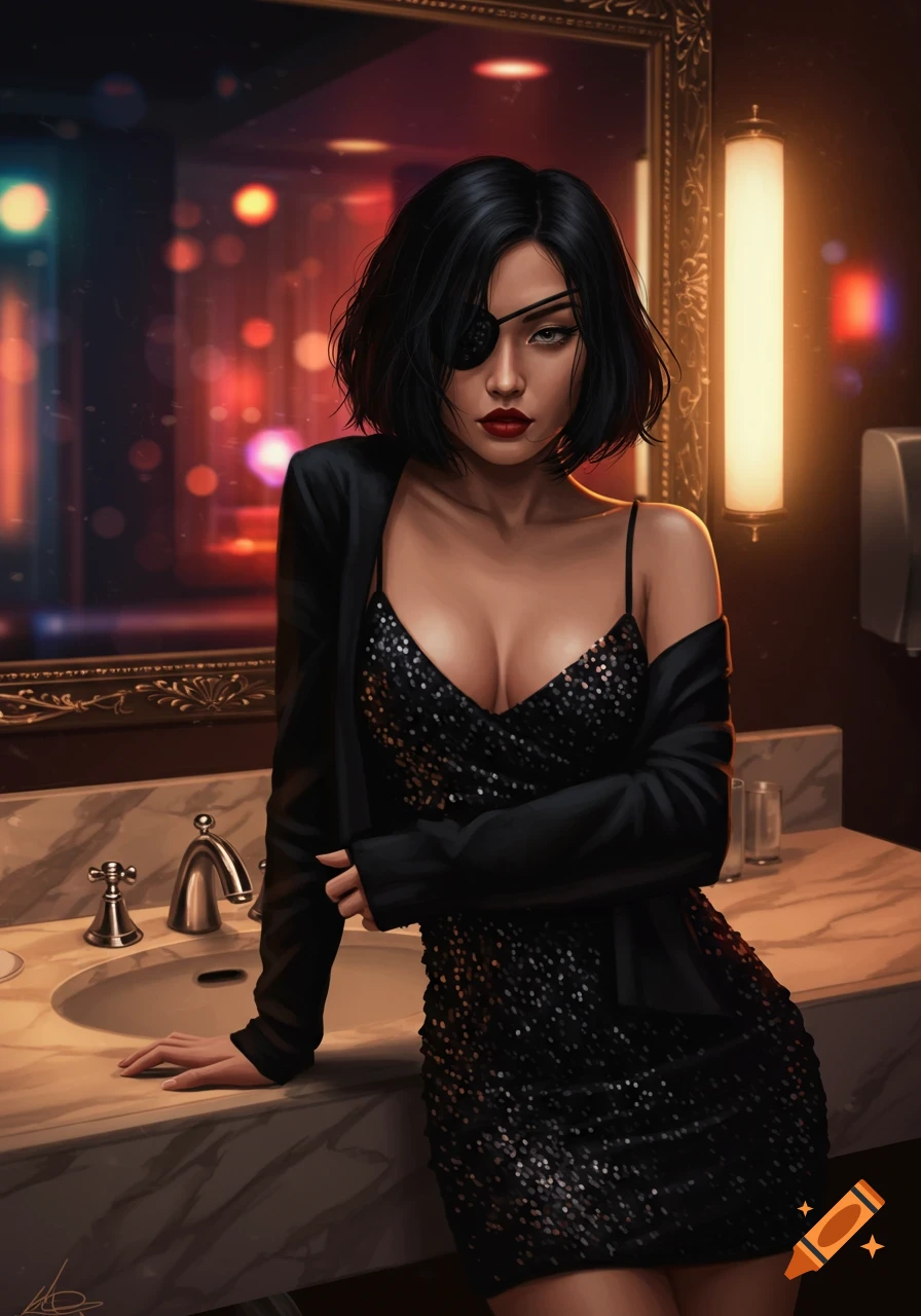 Stylish woman with eyepatch, black bob, and red lips in a black sequined dress, leaning on a marble counter in a dimly lit bathroom. Digital art.