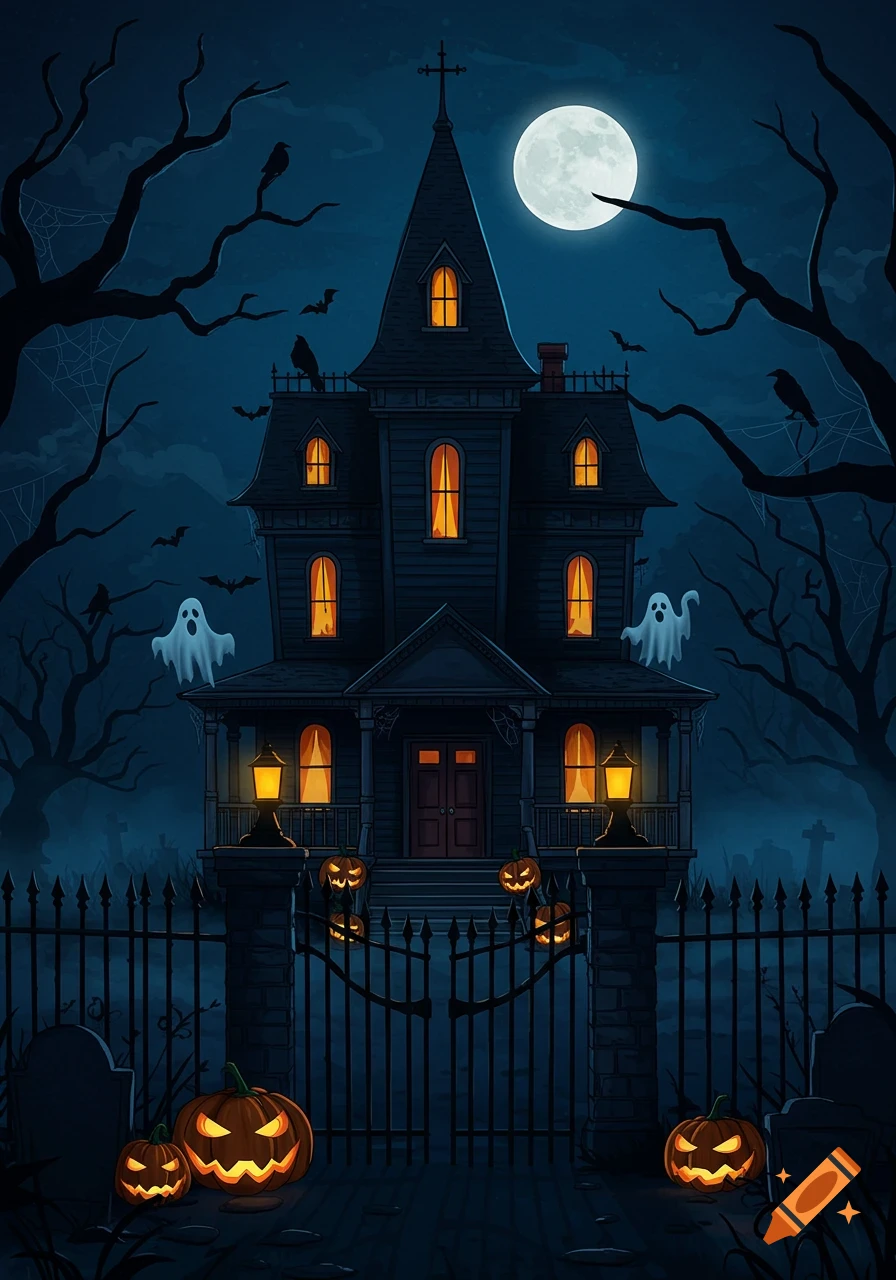 An illustrated spooky haunted house with glowing windows under a full moon, surrounded by bare trees, ghosts, bats, and jack-o'-lanterns.