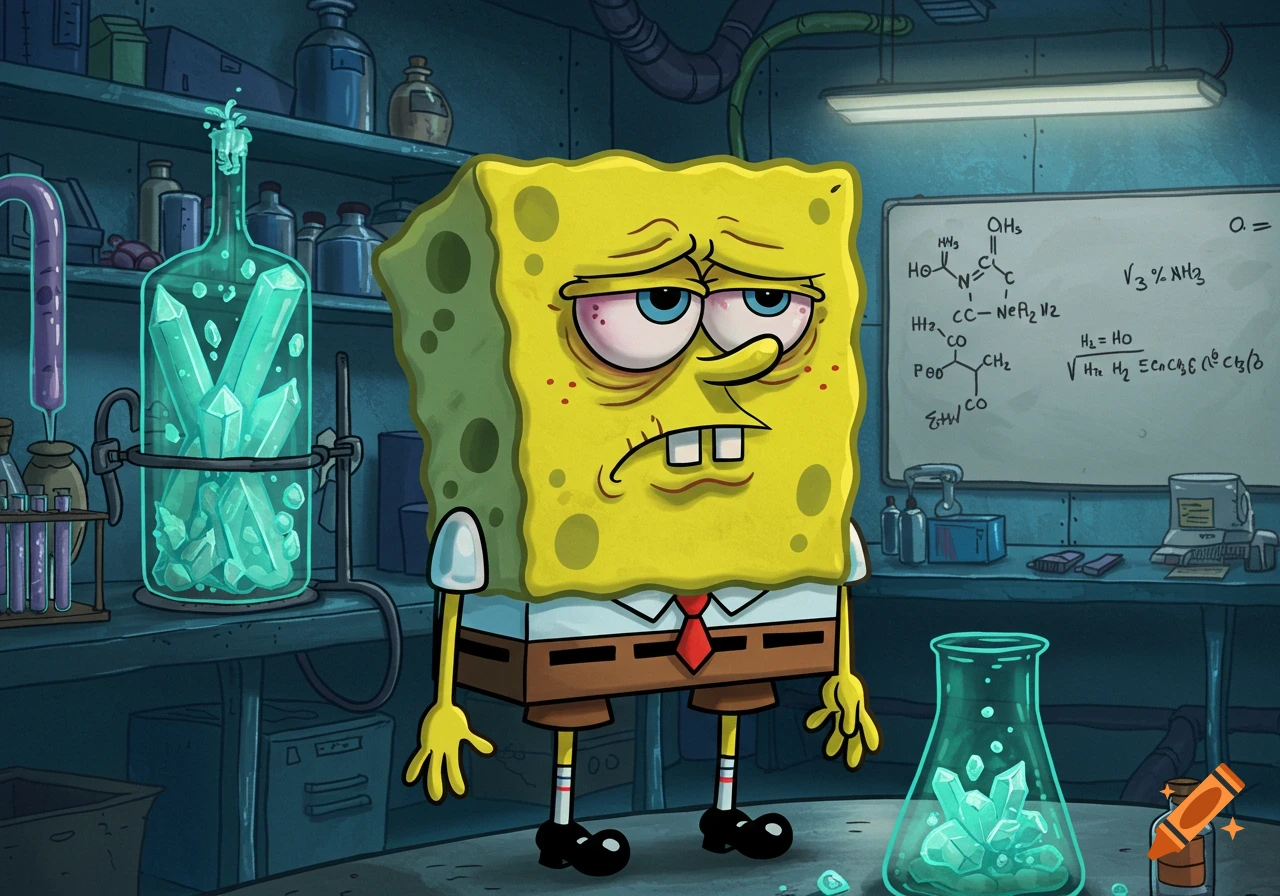 Tired SpongeBob with bags under his eyes stands in a dimly lit laboratory with glowing blue crystals and chemical formulas on a whiteboard.