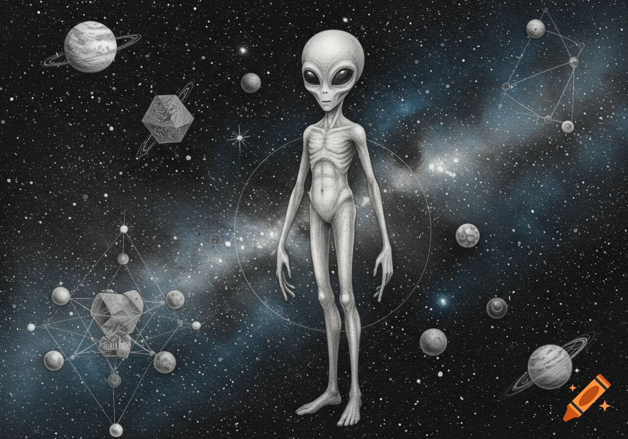 A detailed pencil drawing of a classic grey alien standing upright in a starry deep space environment, surrounded by planets and geometric shapes.