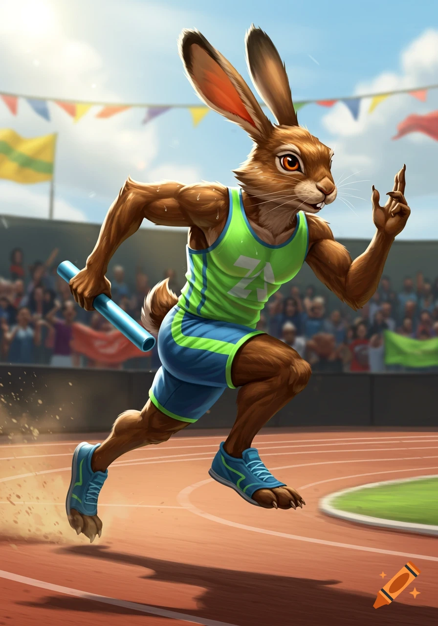 A muscular, brown anthropomorphic rabbit in a green and blue athletic uniform runs on a track, holding a blue relay baton, with a crowd in the background.