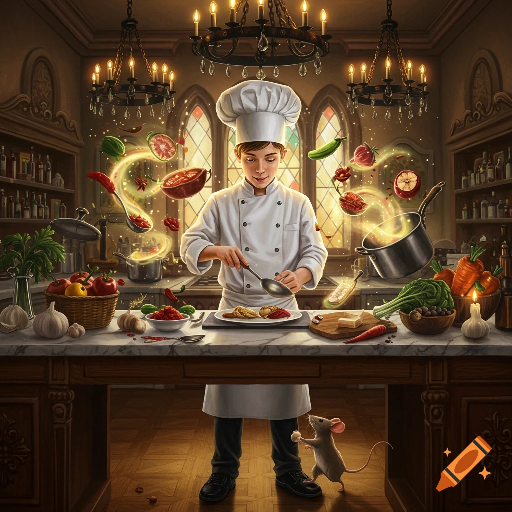 Whimsical illustration of a young chef cooking in a magical kitchen with floating ingredients and a mouse.