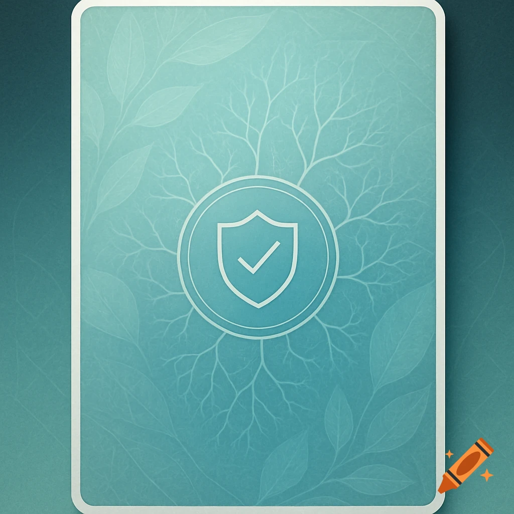 A turquoise card back with a white shield and checkmark icon in the center, surrounded by faint leaf and branch patterns.
