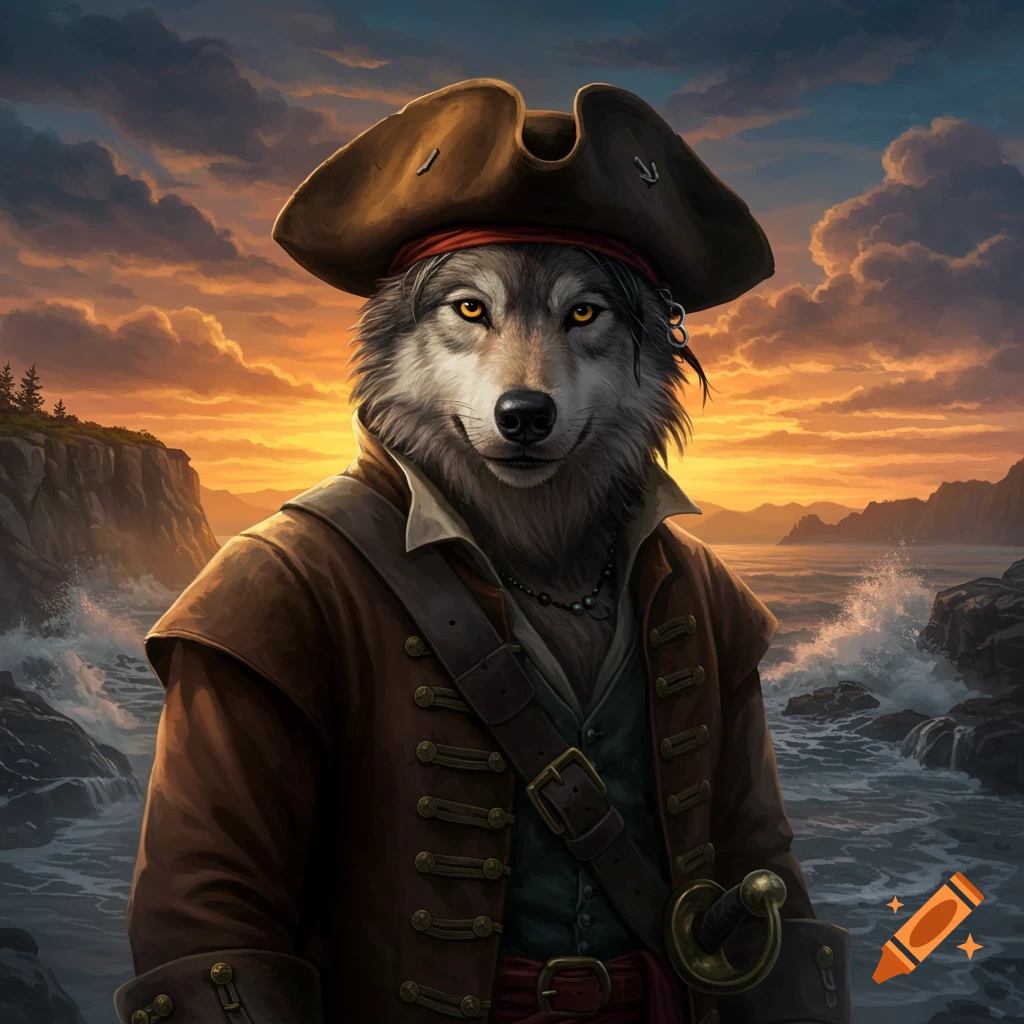 A detailed digital art image of a wolf dressed as a pirate, standing on a rocky coast with crashing waves at sunset.