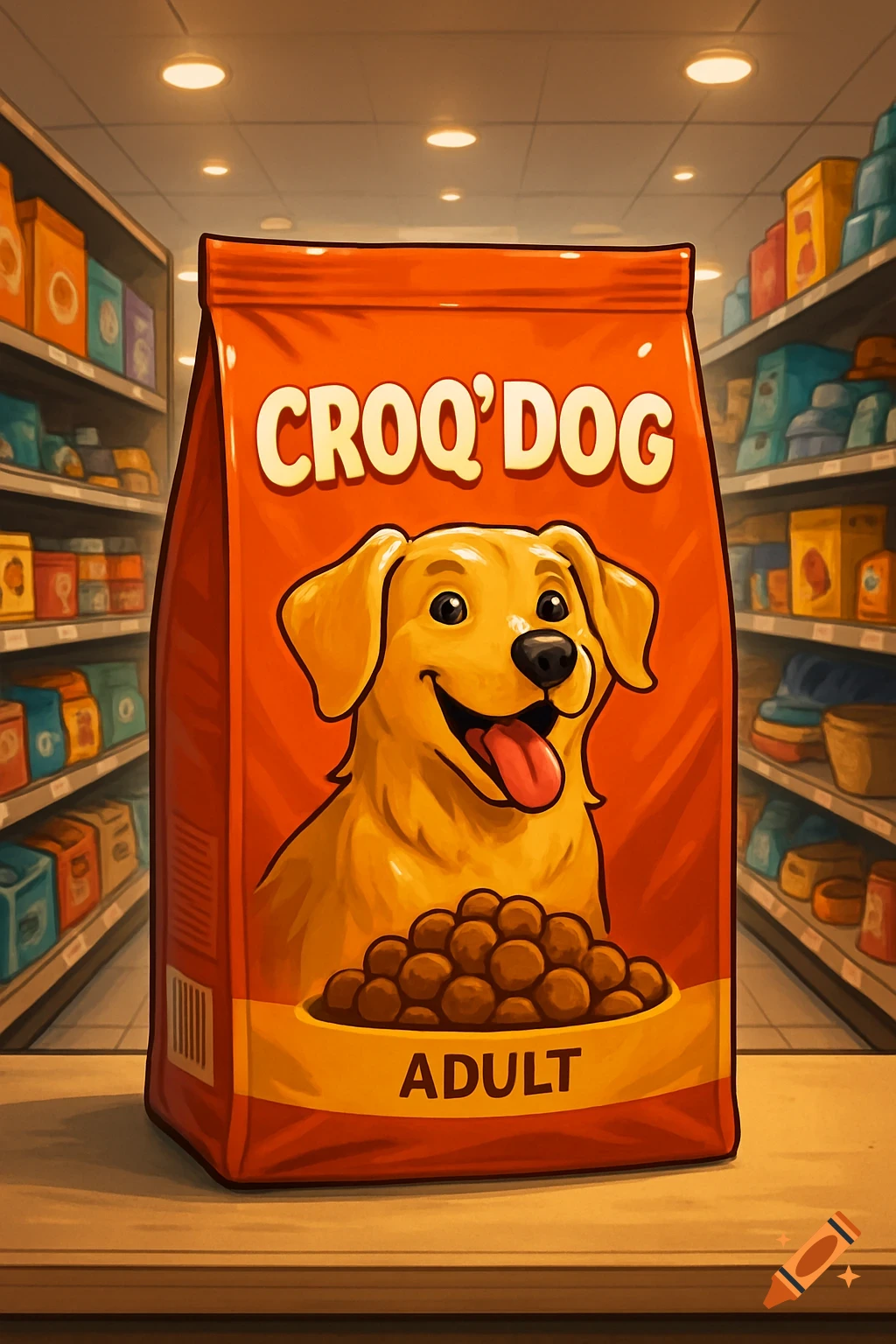 A large orange bag of CROQ'DOG dog food with a cartoon golden retriever and kibble, in a store aisle.