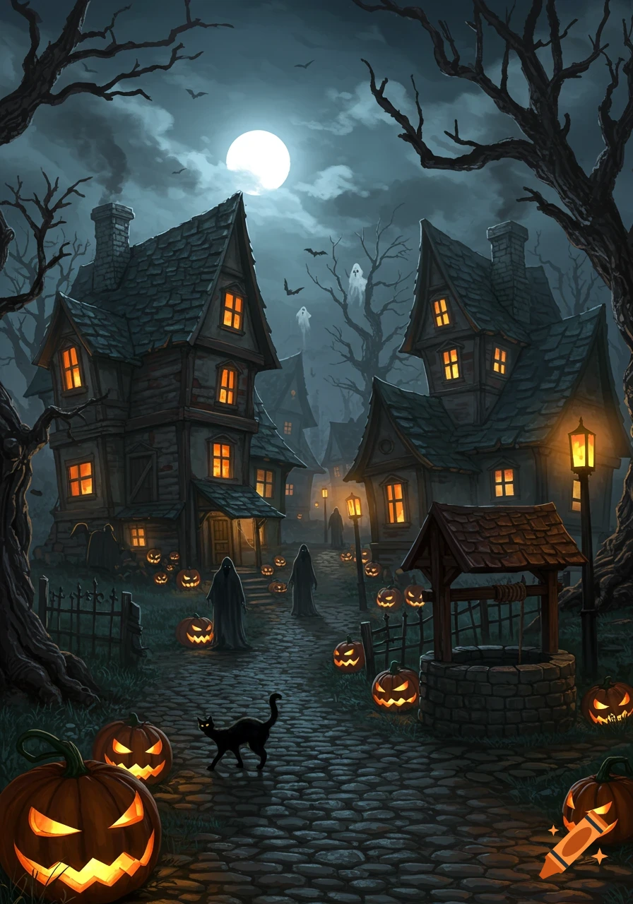 A spooky Halloween village scene with haunted houses, glowing jack-o'-lanterns, ghosts, a black cat, and a full moon.