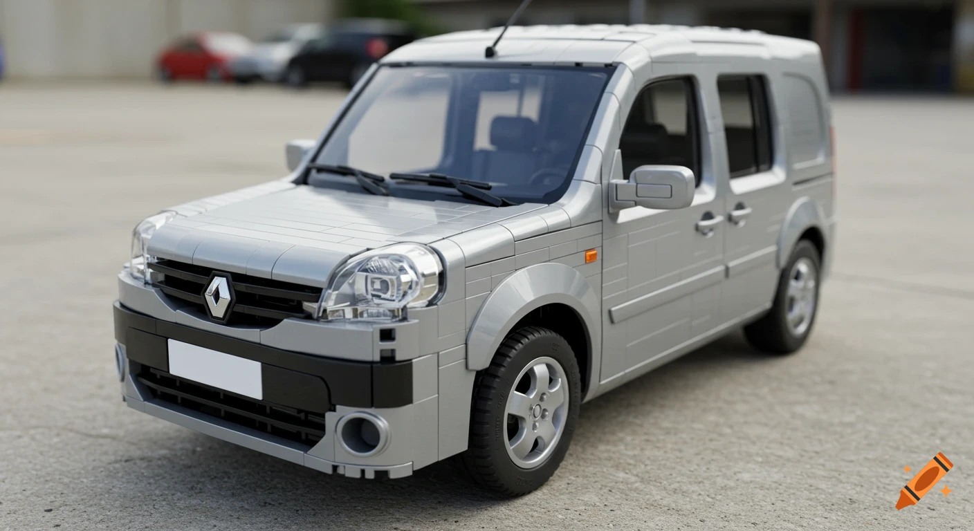 A photorealistic Lego model of a silver Renault Kangoo van parked on a concrete surface.