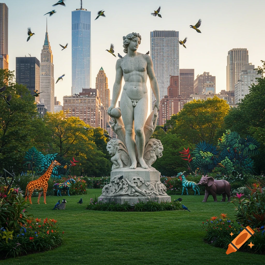A surreal garden scene with a nude male statue, diverse colorful animals, flying birds, and a city skyline.