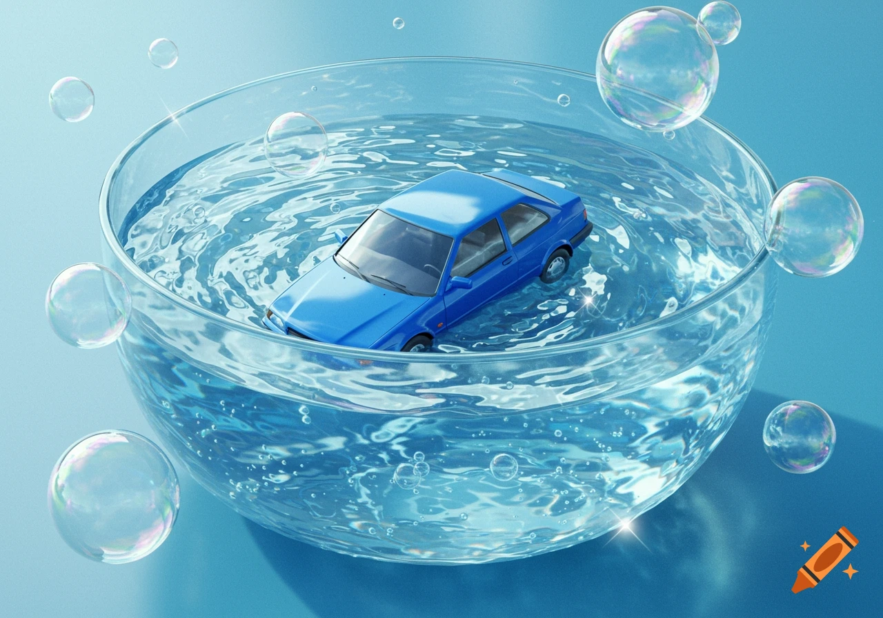 A vibrant blue toy car floats in a clear glass bowl filled with rippling water and shiny bubbles, on a soft blue background.
