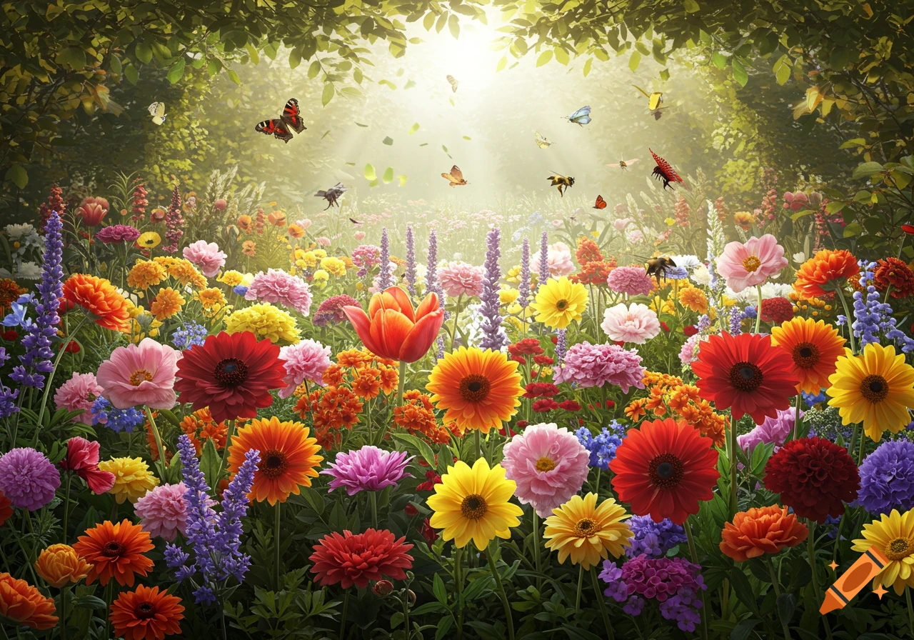 A vibrant, sun-drenched field bursts with a multitude of colorful flowers, butterflies, and bees under a lush green tree canopy.