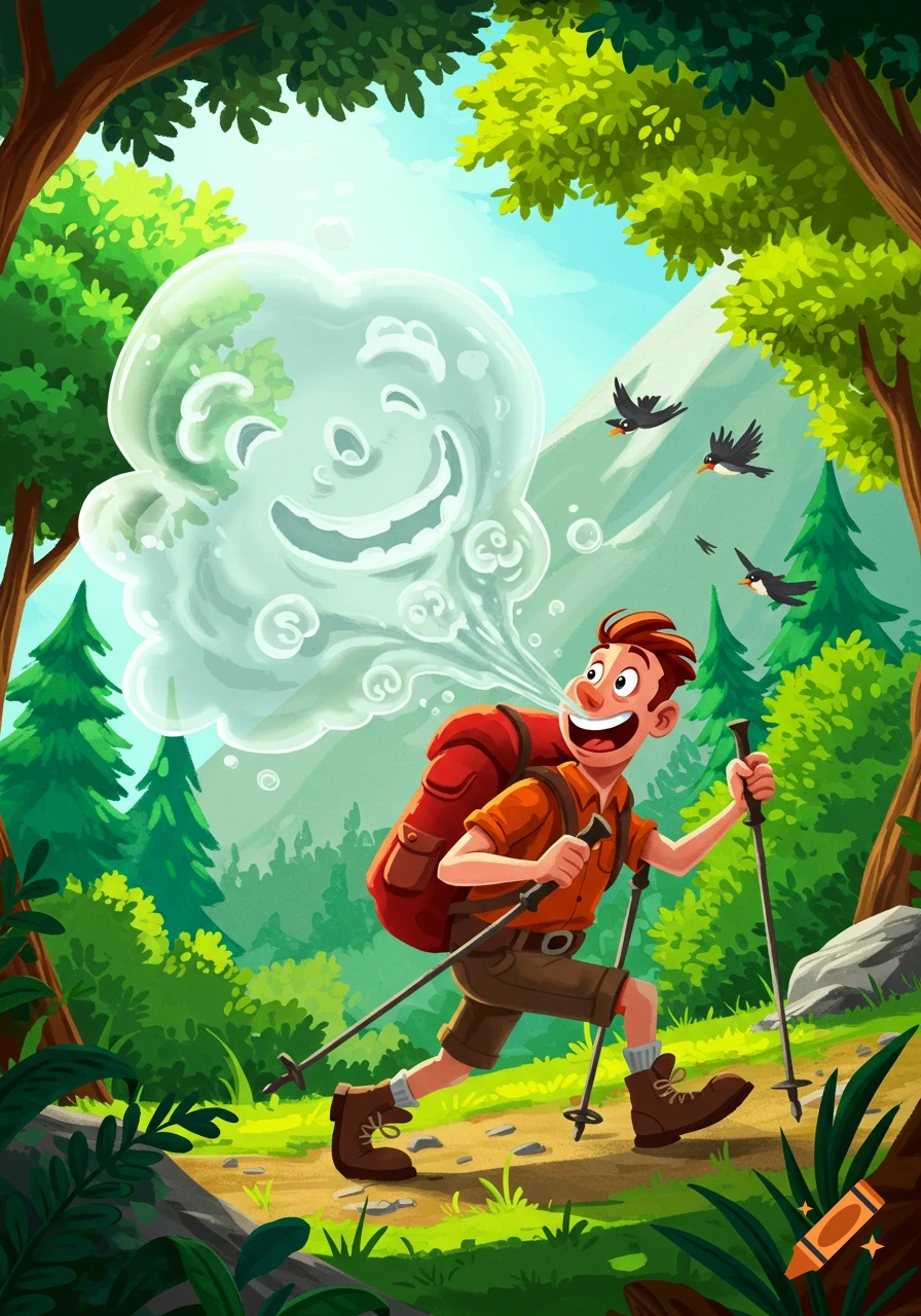 A cheerful cartoon hiker with a backpack and poles releases a large, smiling fart cloud while walking through a vibrant green forest.