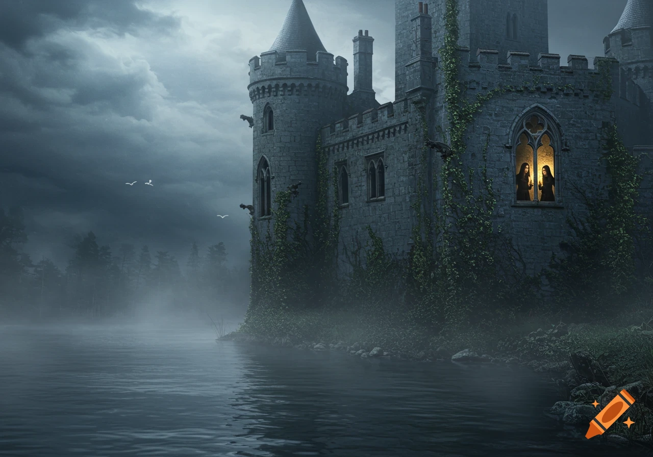 A gothic castle looms over a misty lake under a dark sky, with two women holding candles faintly visible in a lighted window.