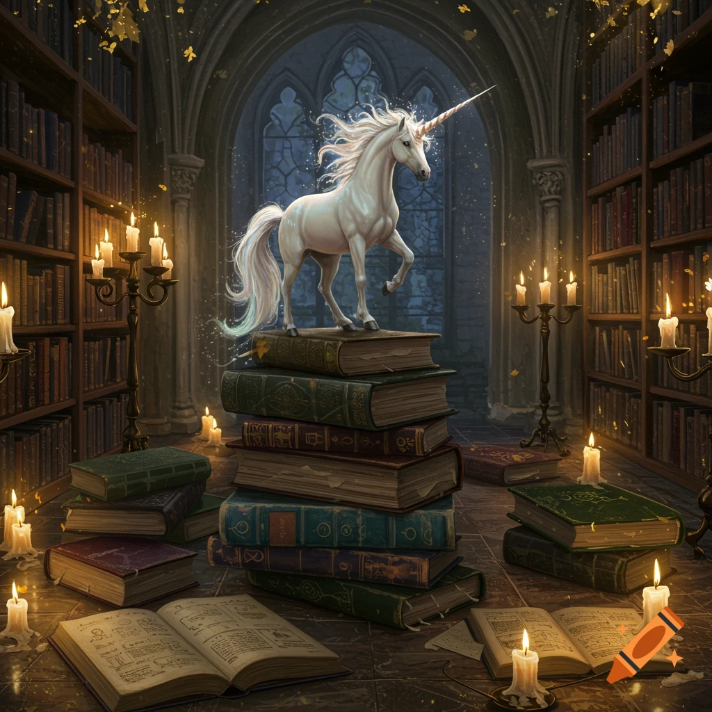 A majestic white unicorn stands on a stack of old books in a magical, candlelit library with tall bookshelves and arched windows.