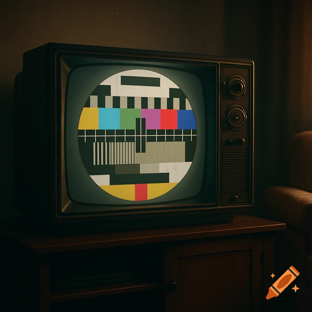 A vintage television displaying a color bar test pattern sits on a wooden stand in a dimly lit room.