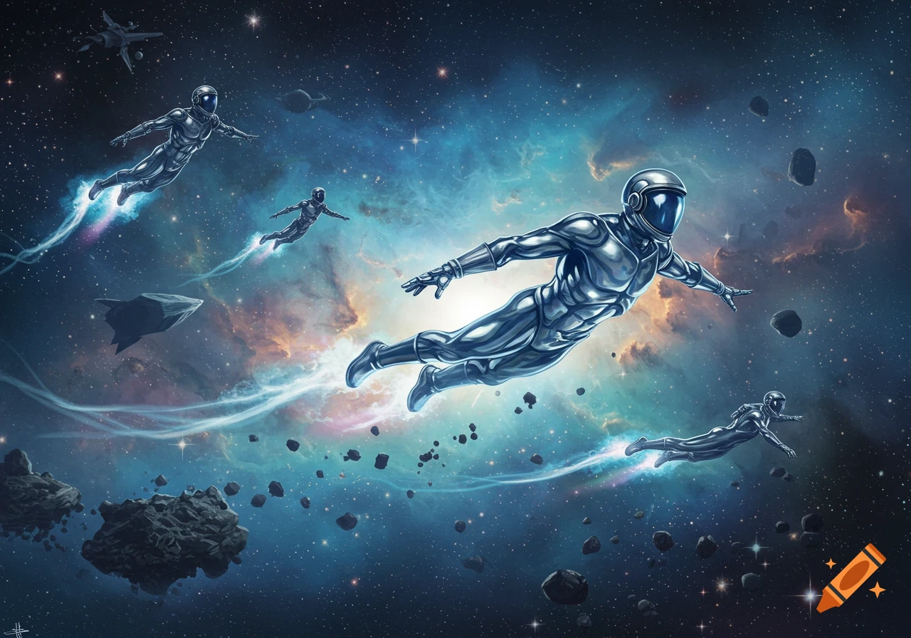 Astronauts in shiny silver suits soar through a colorful cosmic nebula with asteroids and stars in a detailed sci-fi illustration.