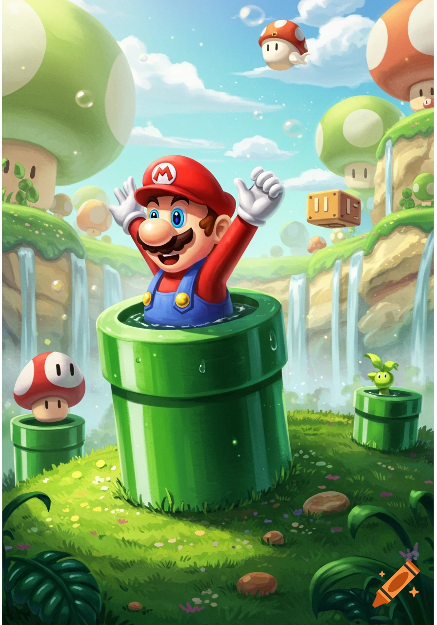 Super Mario emerges from a green pipe in a lush, fantastical landscape with waterfalls and flying mushrooms.