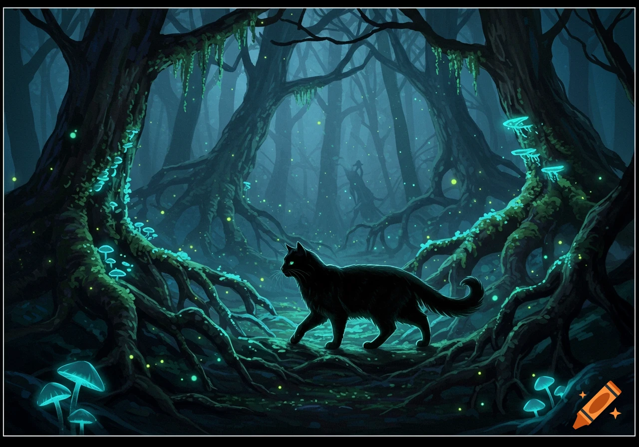 A black cat with glowing green eyes walks through a dark, magical forest with bioluminescent mushrooms and glowing moss in a fantasy art style.