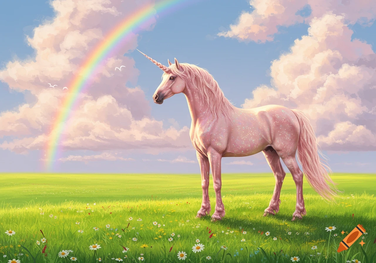 A sparkly pink unicorn stands in a vibrant green meadow dotted with wildflowers under a blue sky with fluffy clouds and a bright rainbow.