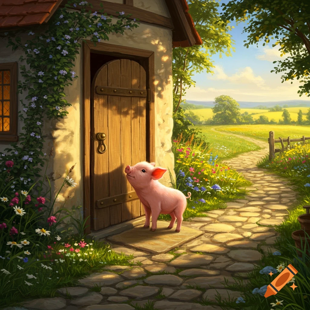A cute pink pig looks up at the wooden door of a rustic cottage, surrounded by wildflowers and a sunny pastoral landscape.