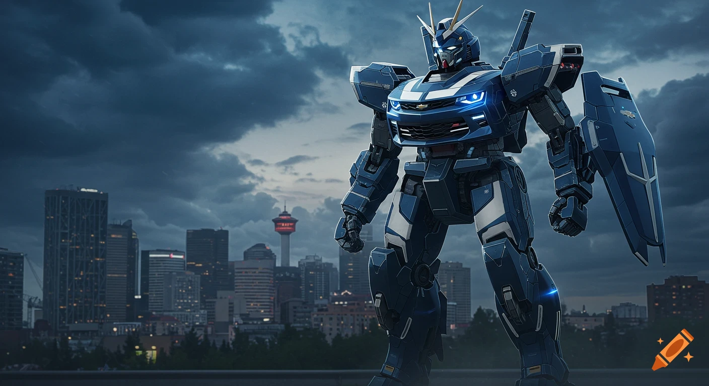 A giant navy blue Camaro-inspired mech stands dynamically before the Calgary skyline under dramatic clouds.