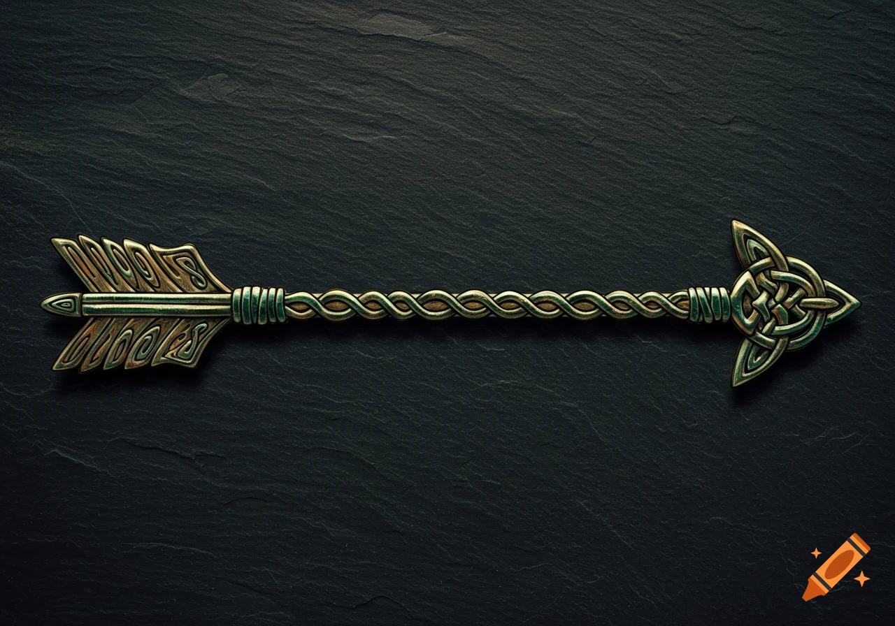 An ornate arrow with a shaft made of braided Celtic knots and a Celtic knot arrowhead and fletching, lying on a dark, textured surface.