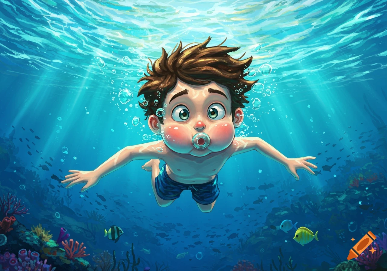 Cartoon boy swimming underwater with puffed cheeks and bubbles, surrounded by fish and coral in a vibrant blue sea.