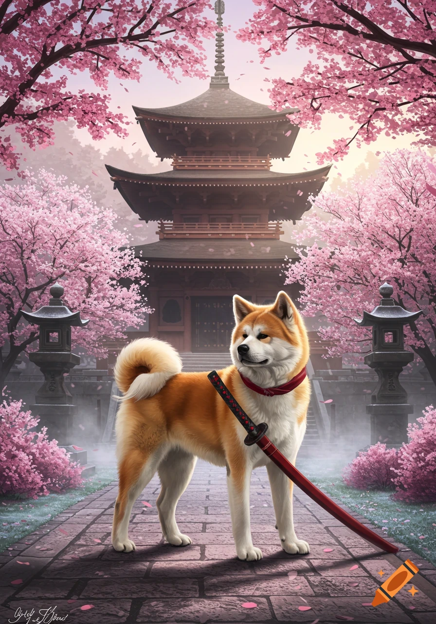 An Akita Inu dog with a red samurai sword stands before a Japanese temple surrounded by pink cherry blossoms in a digital art style.