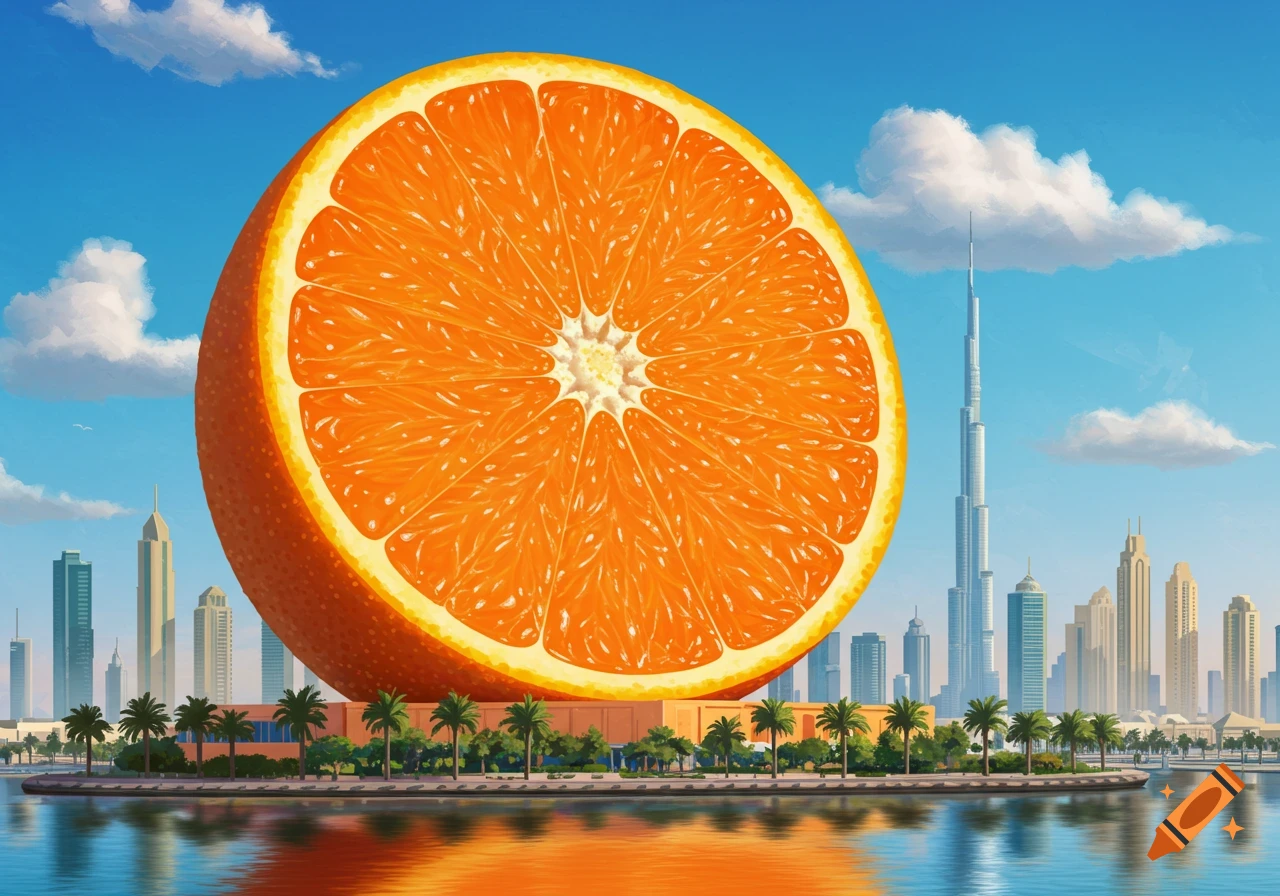 A massive sliced orange dominates the Dubai skyline with Burj Khalifa, reflected in the water.
