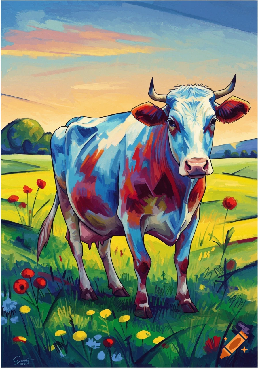 A vibrant, expressionist painting of a cow with blue and red markings standing in a colorful field under a dynamic sky.