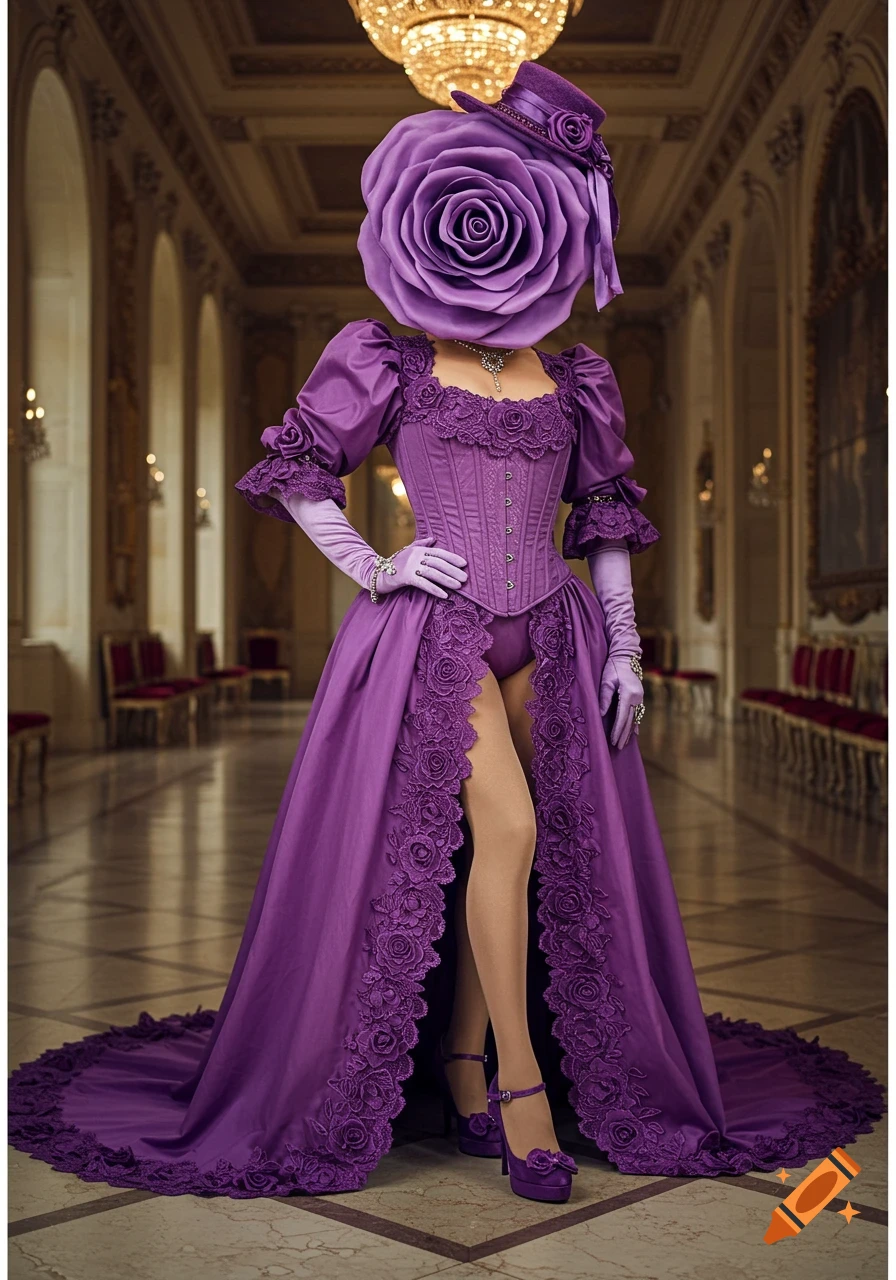 A figure in an opulent purple Victorian gown with a rose for a head stands in a grand hall, detailed with lace and embroidery.