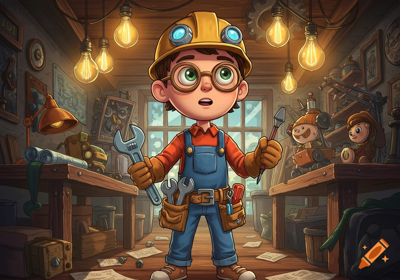 A happy cartoon boy in a yellow hard hat, glasses, and denim overalls holds a wrench and a tool in a cluttered workshop with glowing light bulbs.