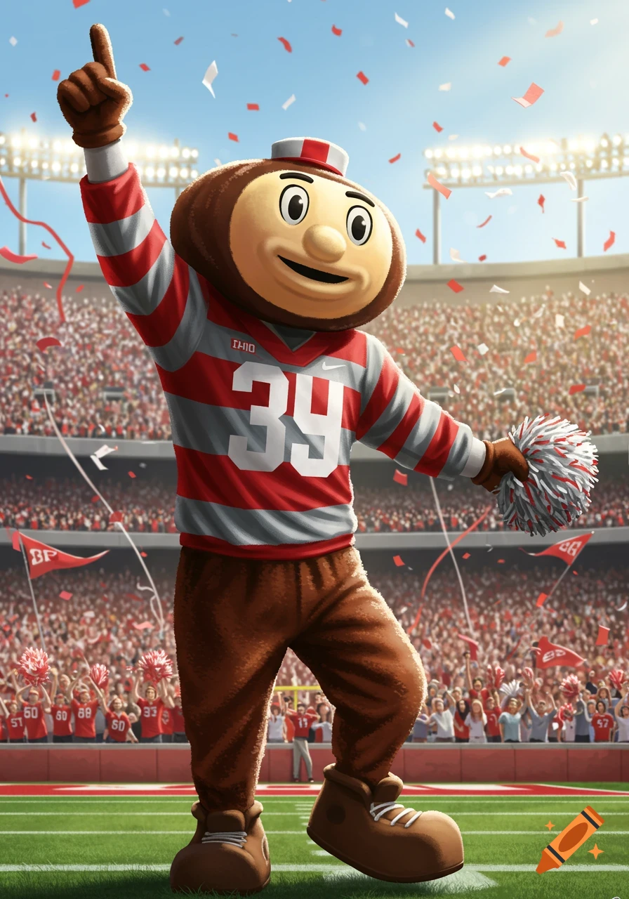 Brutus Buckeye mascot in a football stadium, raising a finger and holding a pom-pom as confetti falls, in an animated illustration.