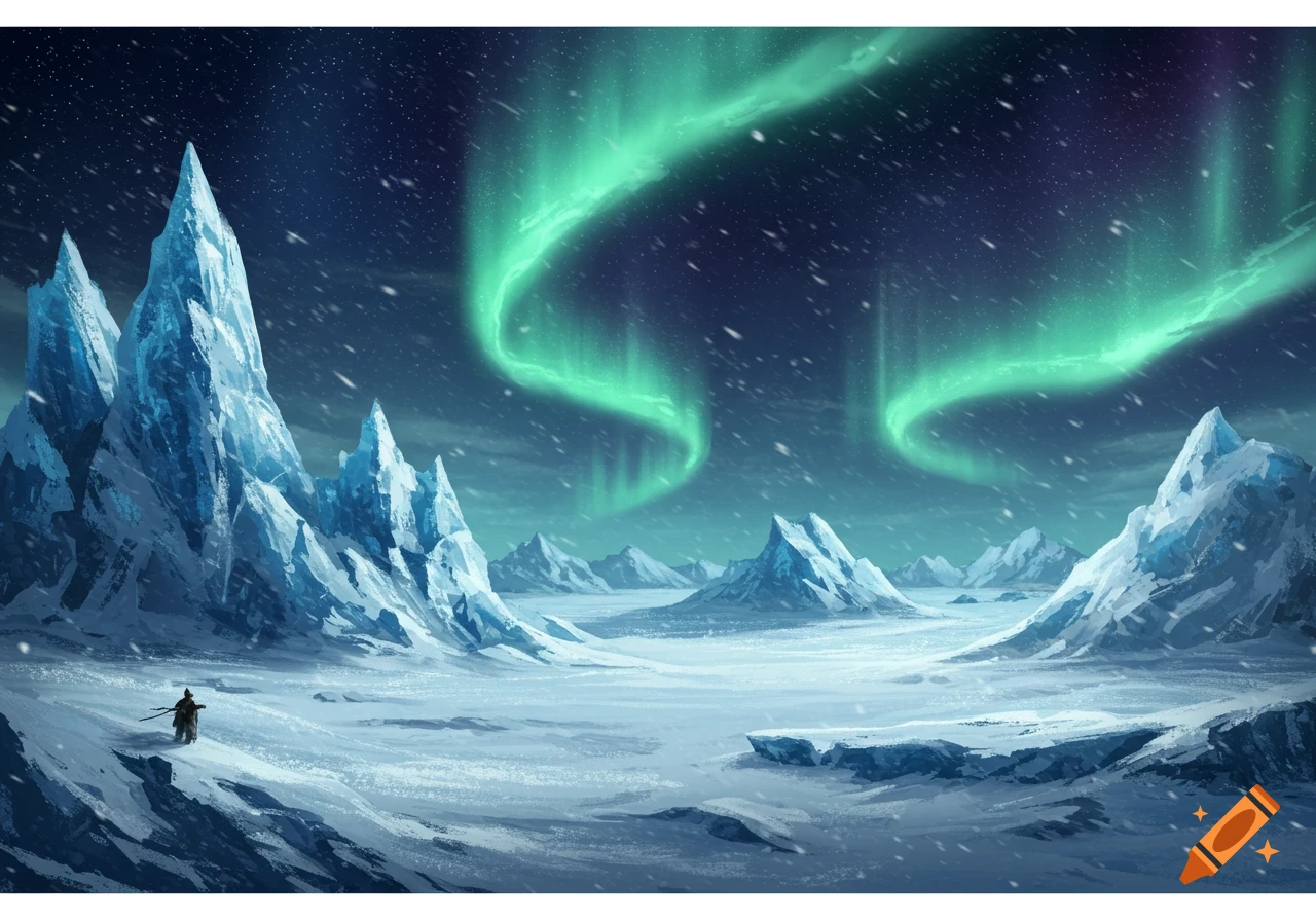 A small figure in a vast frozen landscape with sharp ice mountains under a vibrant green aurora borealis at night.