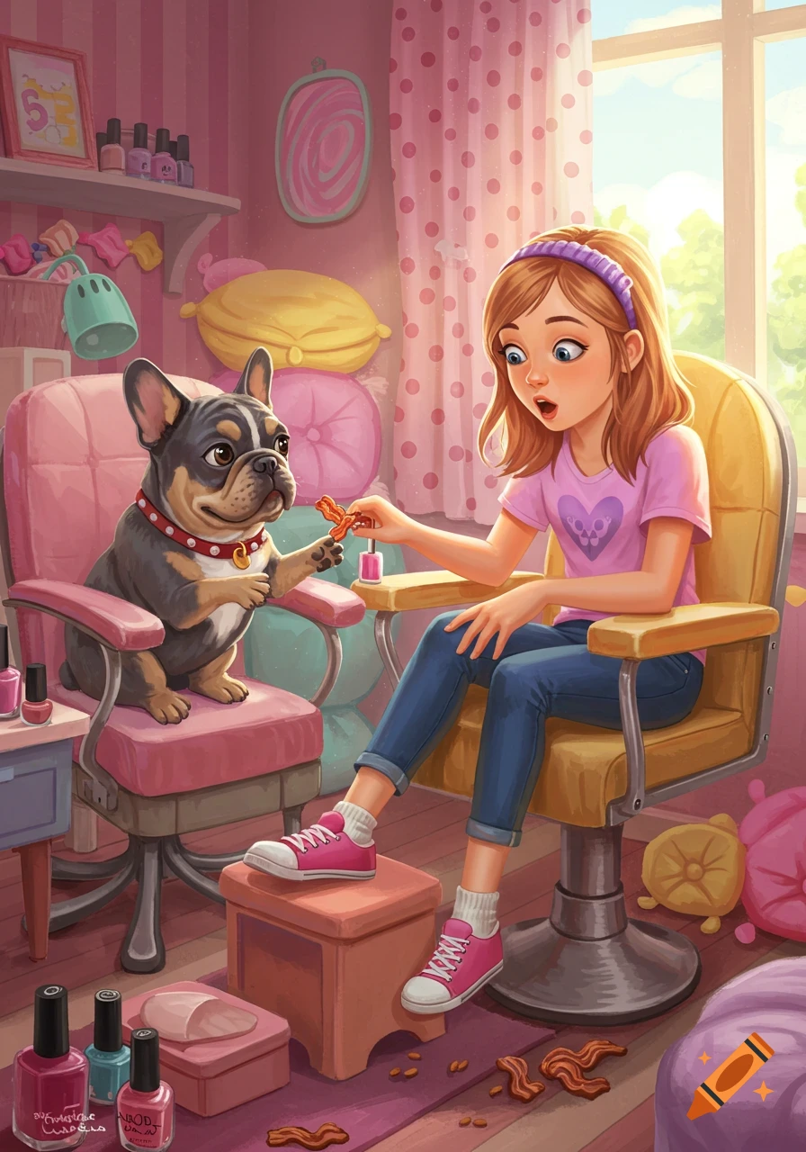 A cartoon illustration of a teenage girl giving a French bulldog a manicure in a pink room with nail polish and bacon treats.
