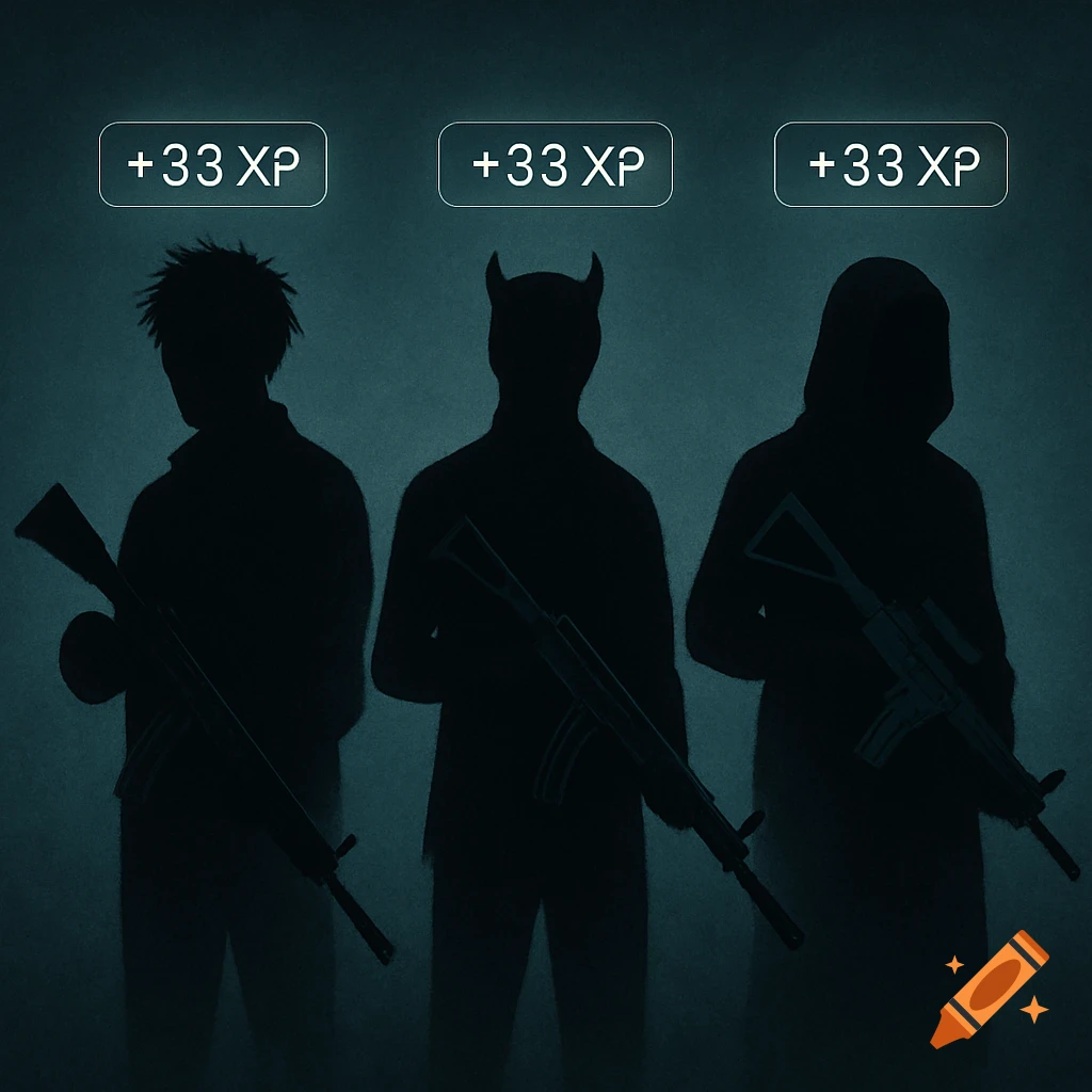 Silhouettes of three armed figures, one with horns, standing against a dark background with "+33 XP" text above each, in a game-like style.